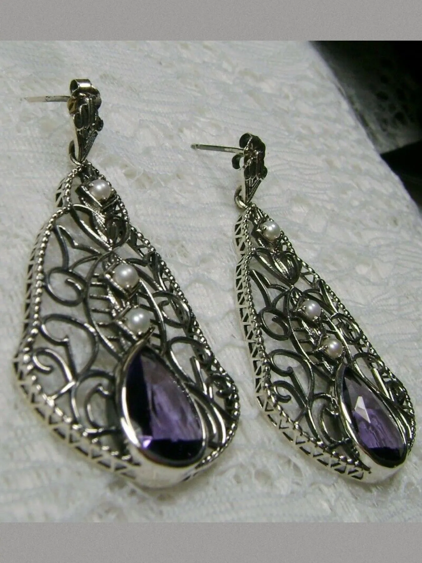 Amethyst & Pearl Lavalier Earrings, Victorian Jewelry E22