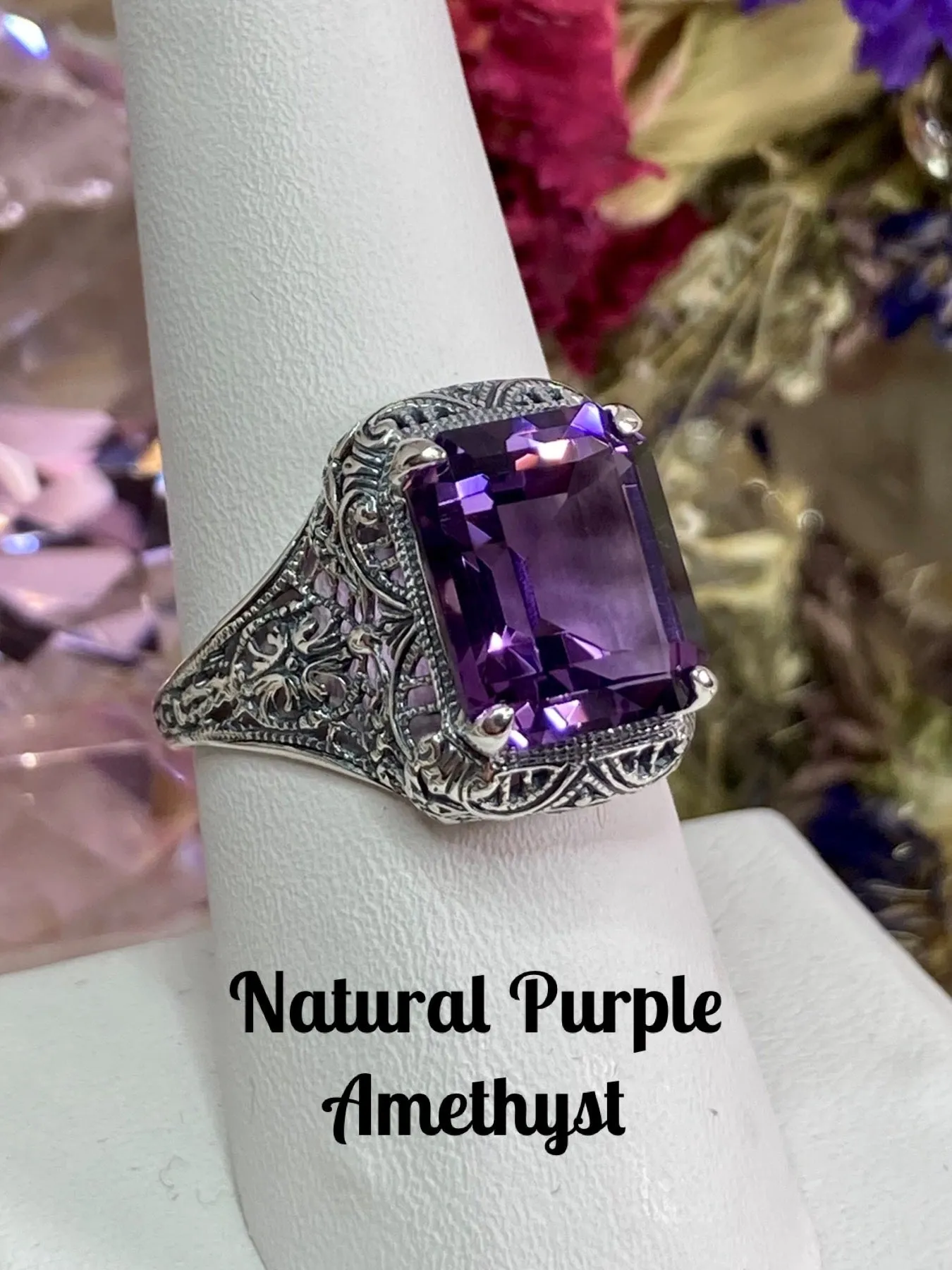 Amethyst Ring, Natural or CZ, 5ct Rectangle Gem, Vintage Jewelry #D200
