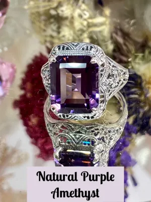 Amethyst Ring, Natural or CZ, 5ct Rectangle Gem, Vintage Jewelry #D200