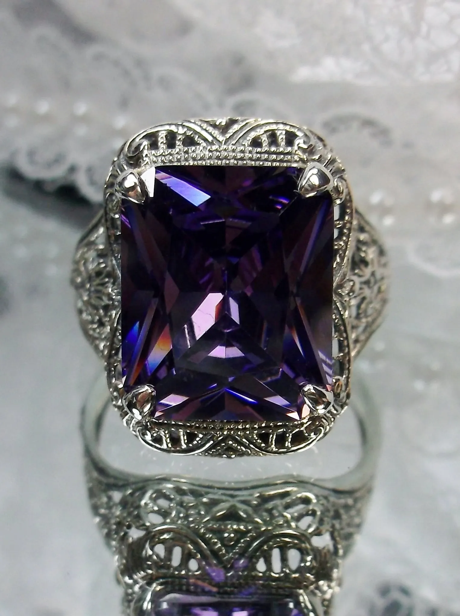 Amethyst Ring, Natural or CZ, 5ct Rectangle Gem, Vintage Jewelry #D200