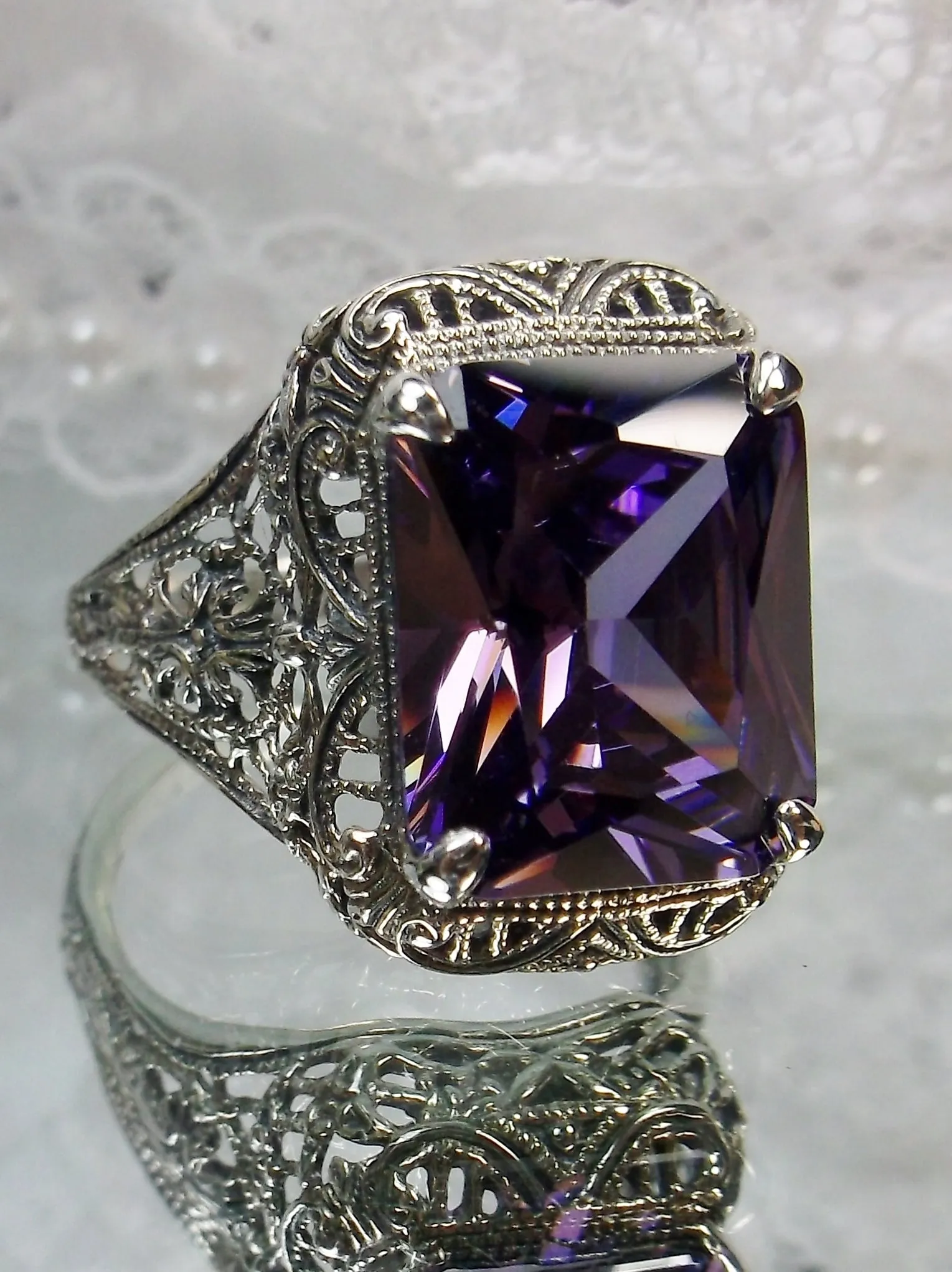 Amethyst Ring, Natural or CZ, 5ct Rectangle Gem, Vintage Jewelry #D200