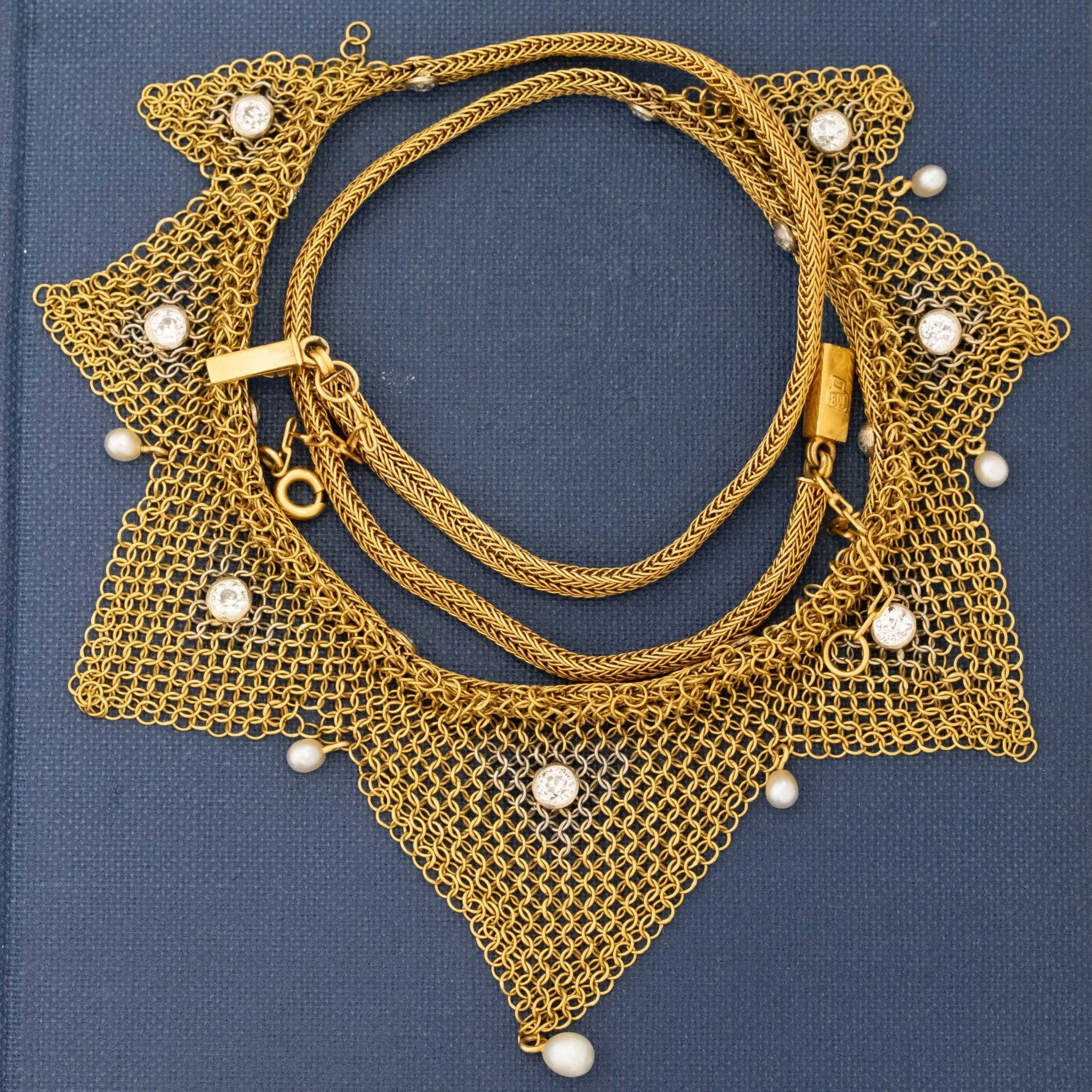 Antique Gold Mesh and Diamond Necklace
