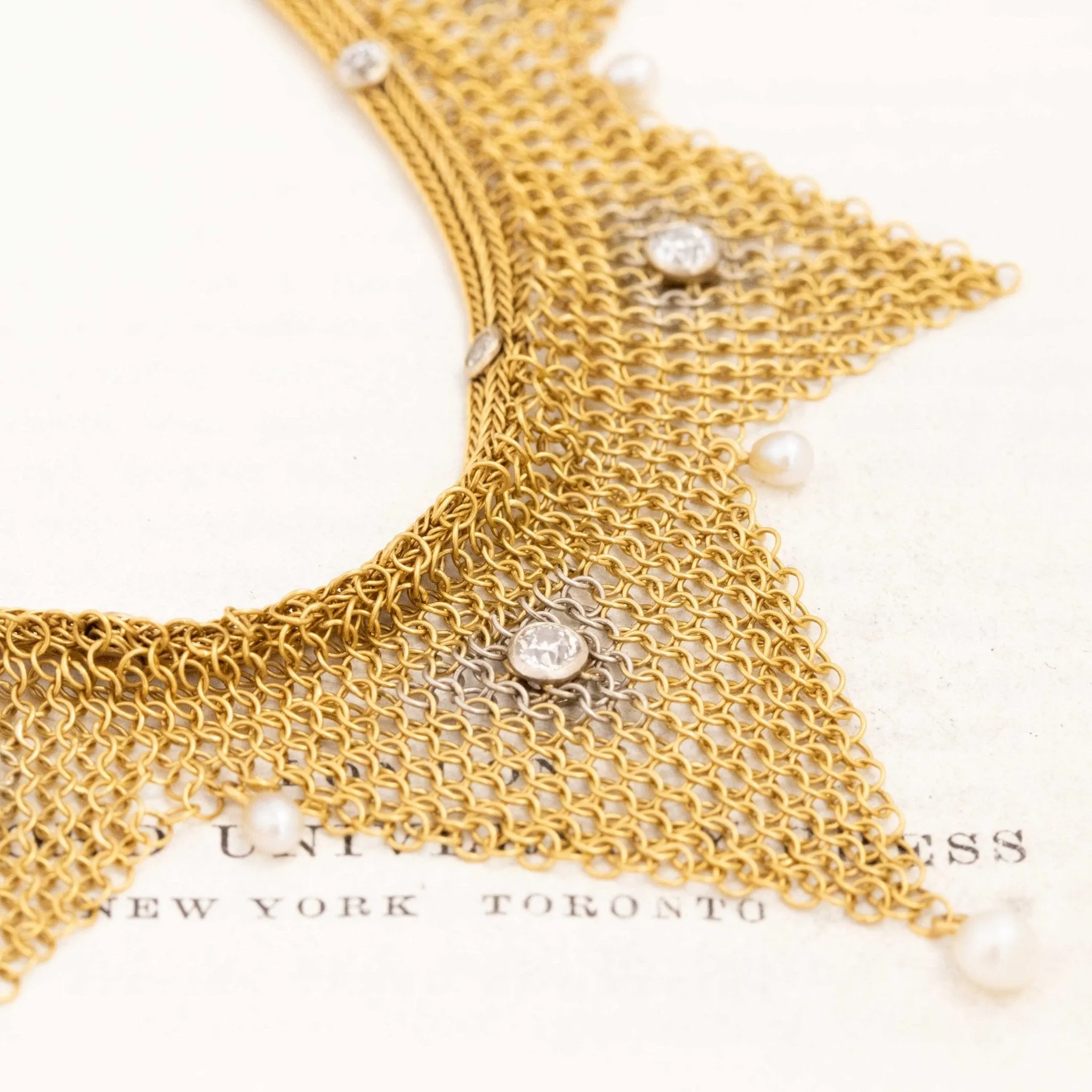 Antique Gold Mesh and Diamond Necklace