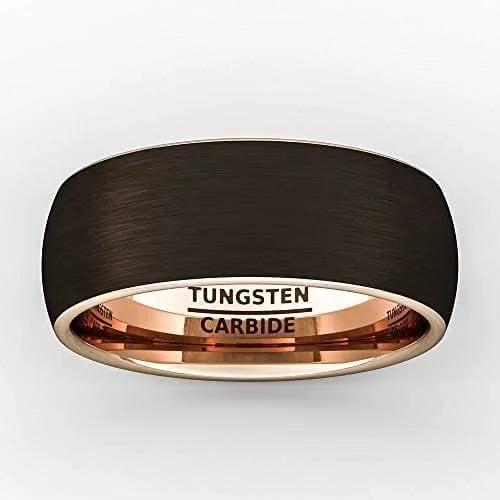 ARIUS Domed 18k Rose Gold Inlaid Brown Brushed Tungsten Wedding Ring - 8mm