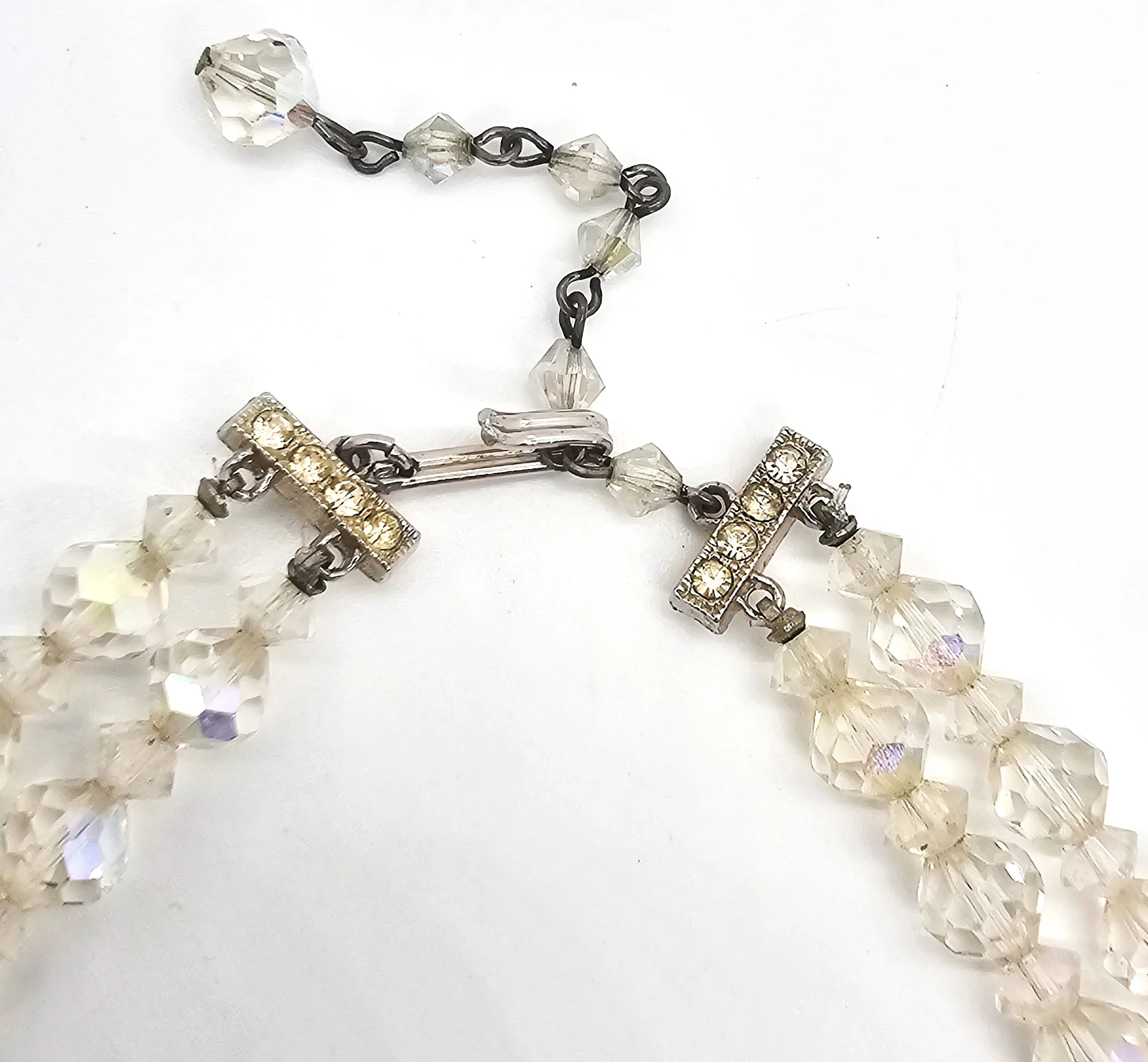 Aurora Borealis double strand aurora borealis necklace and clip earrings set