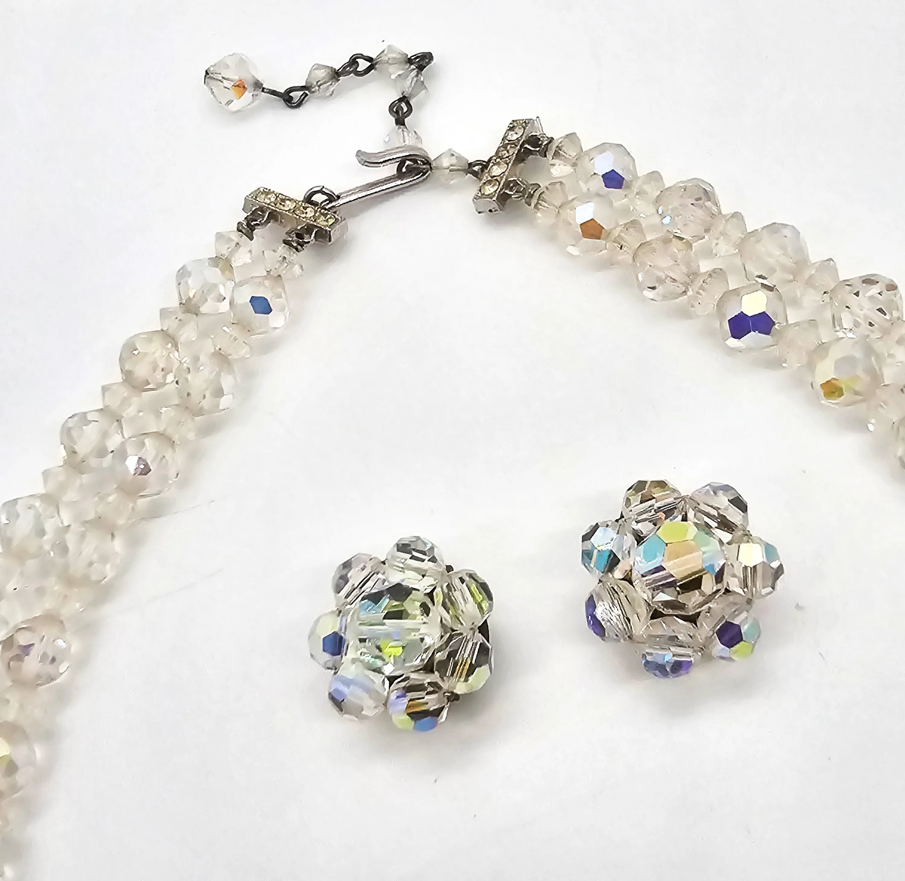 Aurora Borealis double strand aurora borealis necklace and clip earrings set
