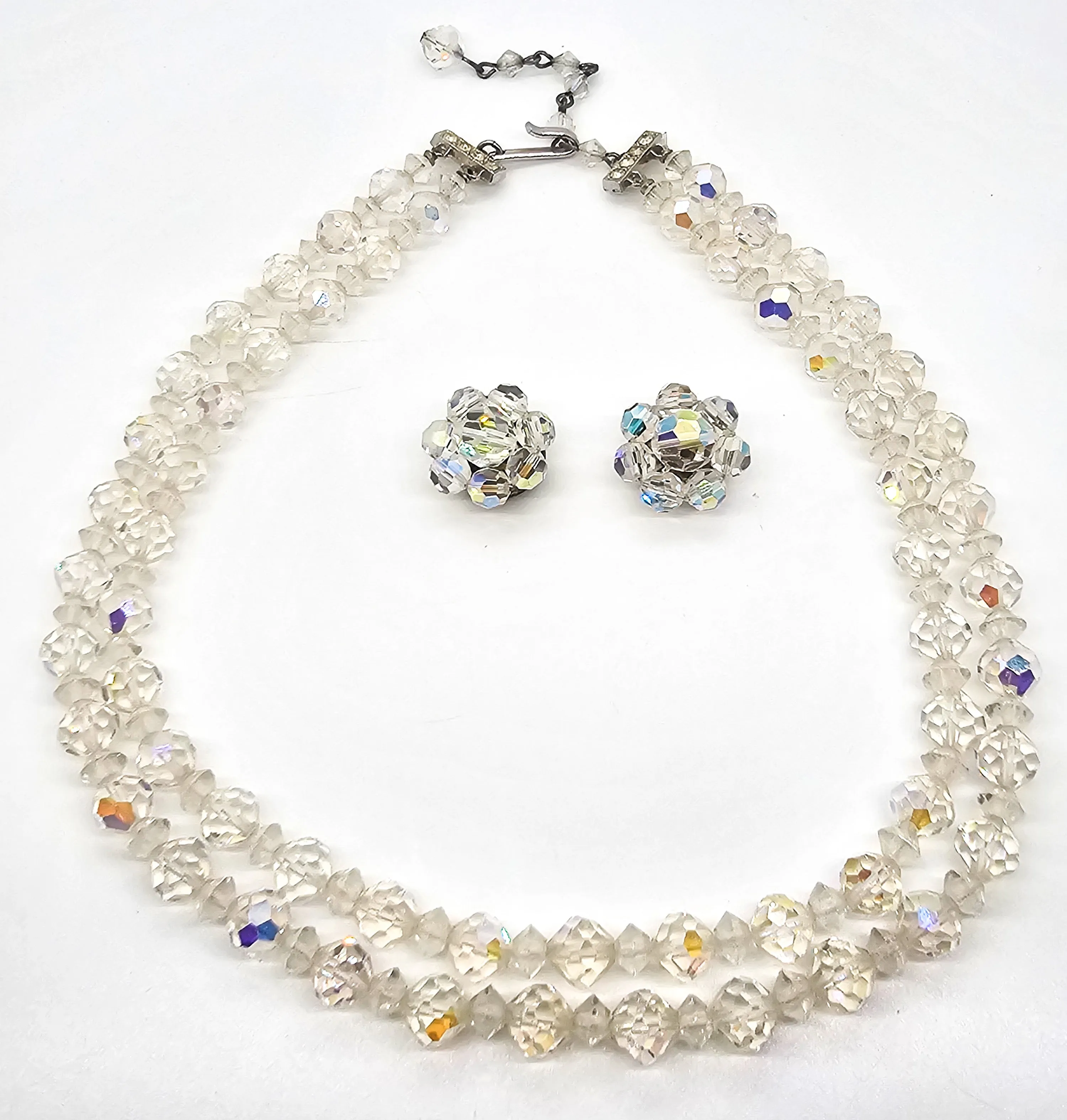 Aurora Borealis double strand aurora borealis necklace and clip earrings set