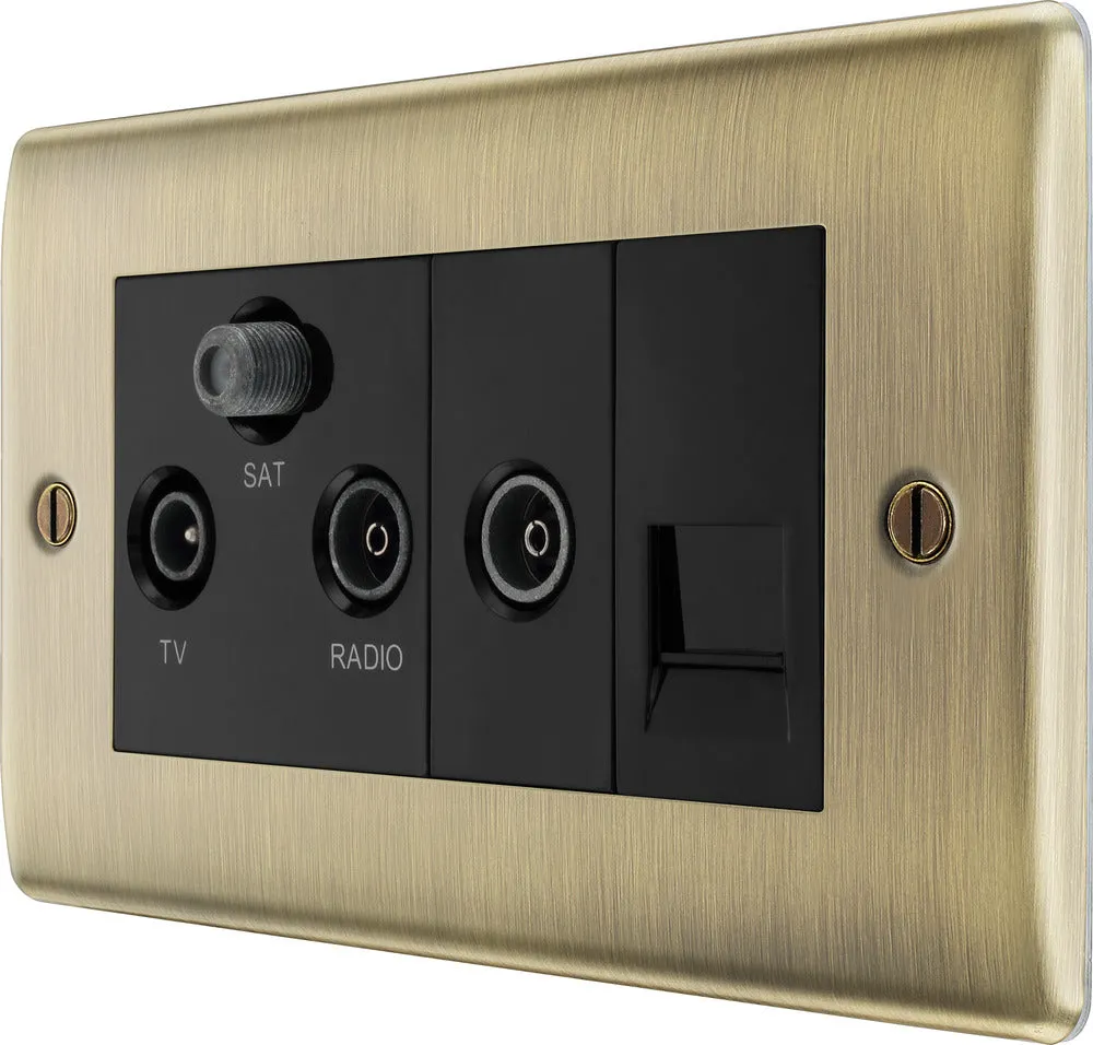 BG NAB68 Nexus Metal Triplex TV/FM/Sat Socket   Return & Tel. - Black Insert - Antique Brass