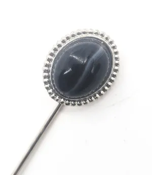 Black banded Agate vintage silver toned stick lapel pin