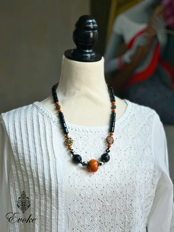 Black Necklace with Copal Amber and Dzi Beads
