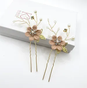 Bridal Dusty Pink Flower 2 PC Hairpin Set, Wedding Velvet Fabric Pink Hair Pins, Bridesmaid Blush Flower Hairpin, Set of 2