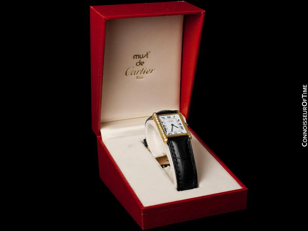 Cartier Vintage Mens Tank Mechanical Watch - Gold Vermeil, 18K Gold over Sterling Silver & Diamonds