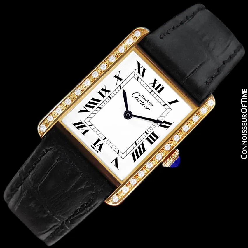 Cartier Vintage Mens Tank Mechanical Watch - Gold Vermeil, 18K Gold over Sterling Silver & Diamonds