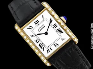 Cartier Vintage Mens Tank Mechanical Watch - Gold Vermeil, 18K Gold over Sterling Silver & Diamonds