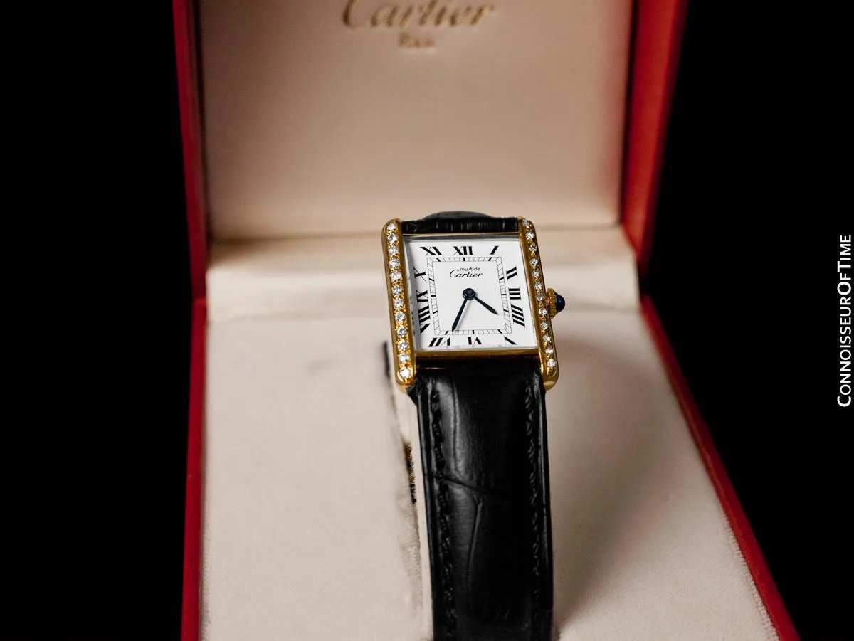 Cartier Vintage Mens Tank Mechanical Watch - Gold Vermeil, 18K Gold over Sterling Silver & Diamonds