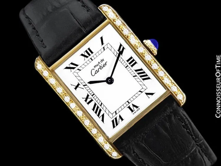Cartier Vintage Mens Tank Mechanical Watch - Gold Vermeil, 18K Gold over Sterling Silver & Diamonds