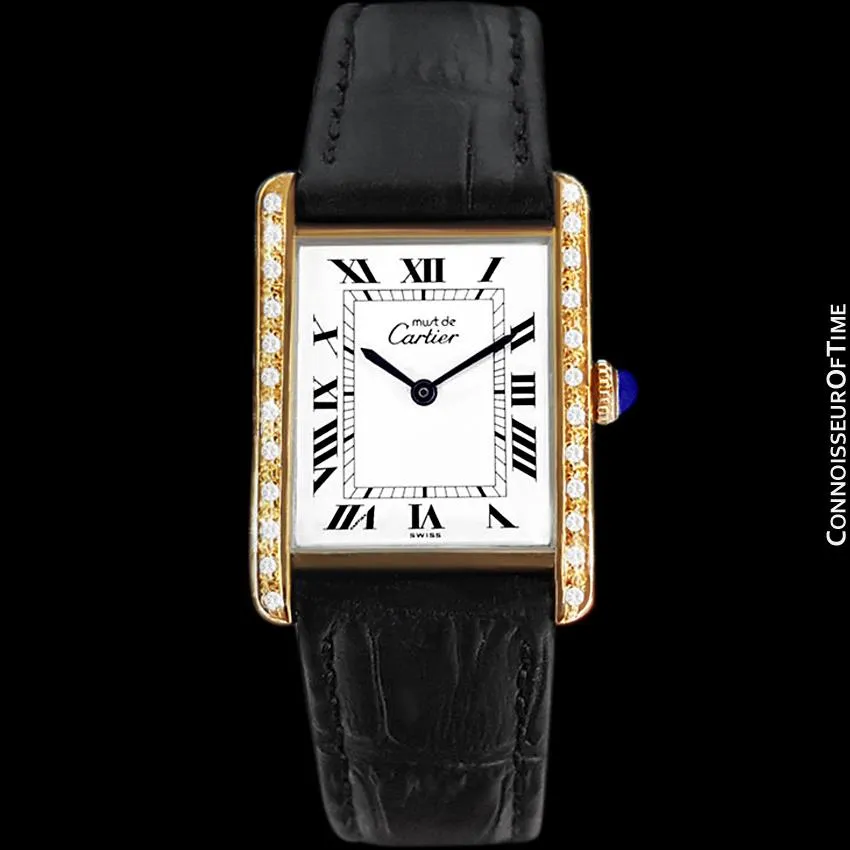 Cartier Vintage Mens Tank Mechanical Watch - Gold Vermeil, 18K Gold over Sterling Silver & Diamonds