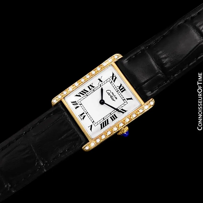 Cartier Vintage Mens Tank Mechanical Watch - Gold Vermeil, 18K Gold over Sterling Silver & Diamonds