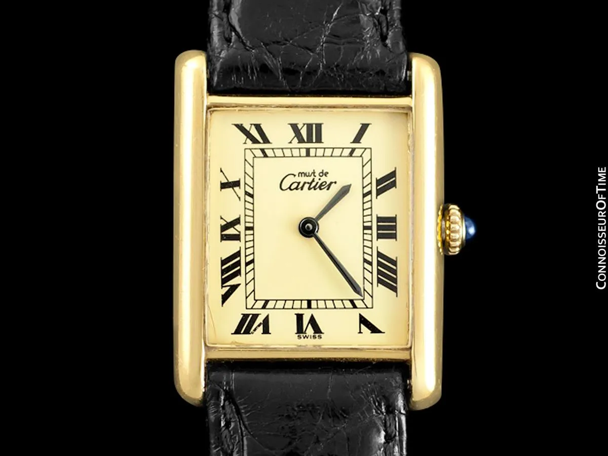 Cartier Vintage Mens Tank Mechanical Watch - Gold Vermeil, 18K Gold over Sterling Silver - Box & Papers