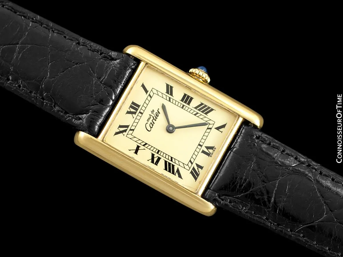 Cartier Vintage Mens Tank Mechanical Watch - Gold Vermeil, 18K Gold over Sterling Silver - Box & Papers