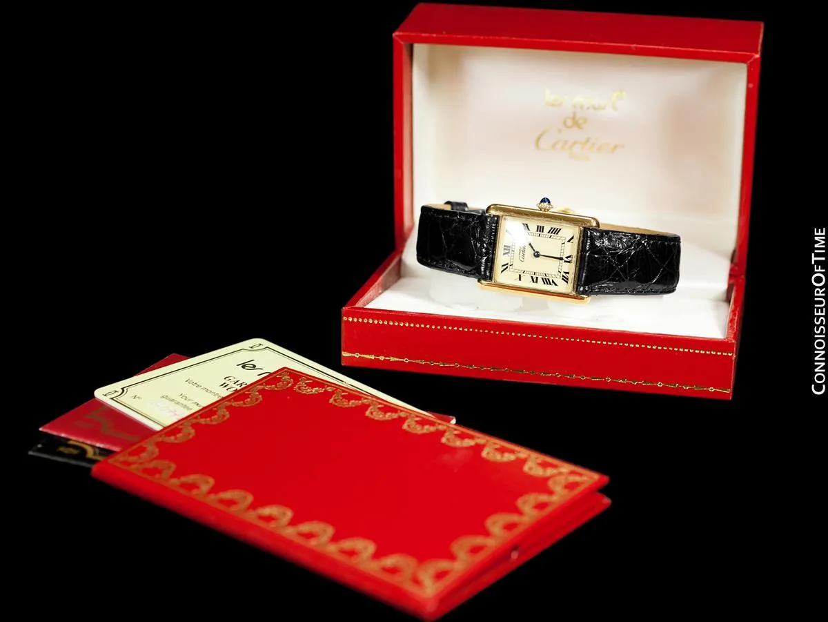 Cartier Vintage Mens Tank Mechanical Watch - Gold Vermeil, 18K Gold over Sterling Silver - Box & Papers