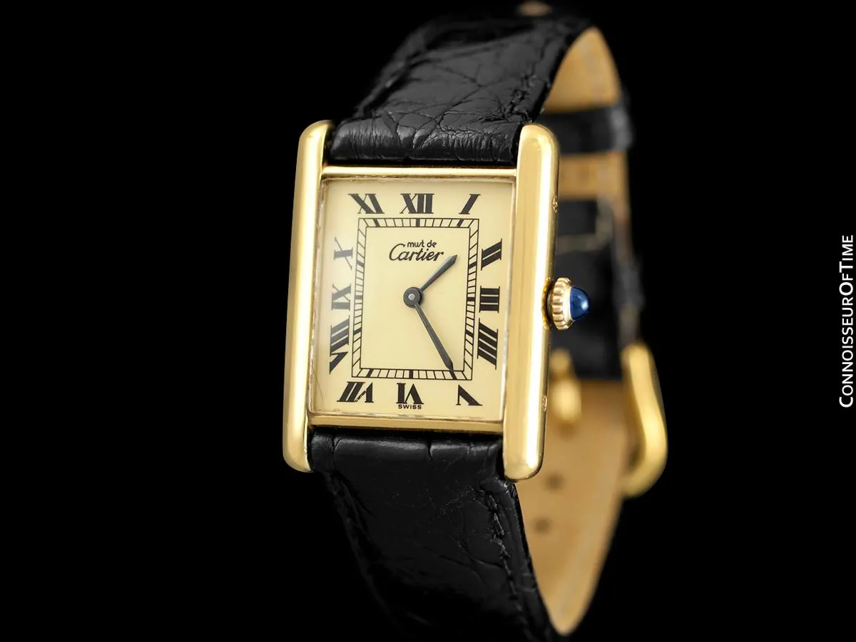 Cartier Vintage Mens Tank Mechanical Watch - Gold Vermeil, 18K Gold over Sterling Silver - Box & Papers