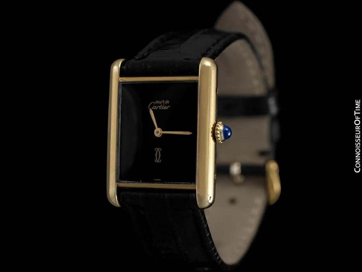Cartier Vintage Mens Tank Watch with Black Dial - Gold Vermeil, 18K Gold over Sterling Silver