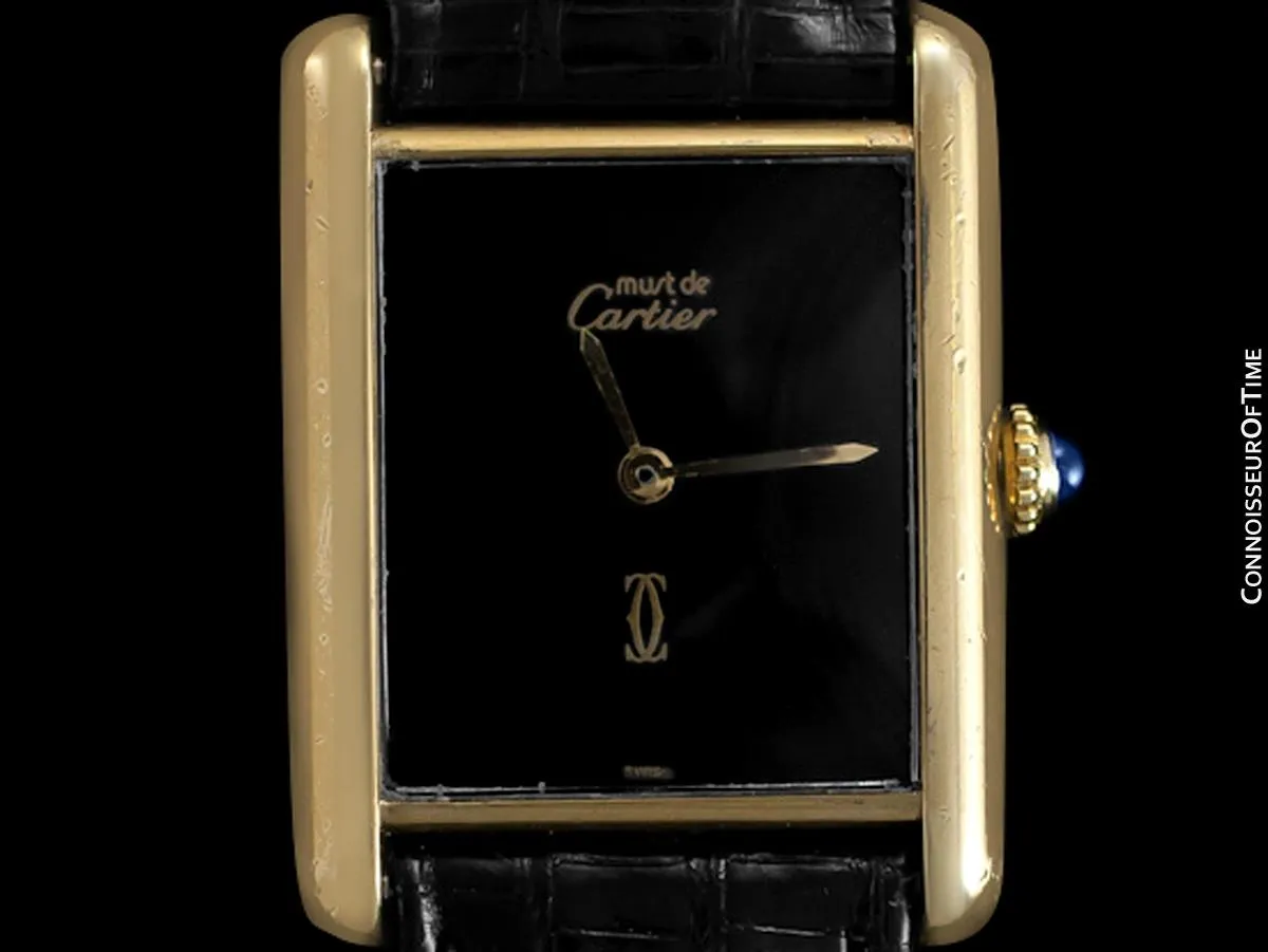 Cartier Vintage Mens Tank Watch with Black Dial - Gold Vermeil, 18K Gold over Sterling Silver