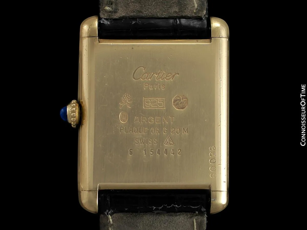 Cartier Vintage Mens Tank Watch with Black Dial - Gold Vermeil, 18K Gold over Sterling Silver