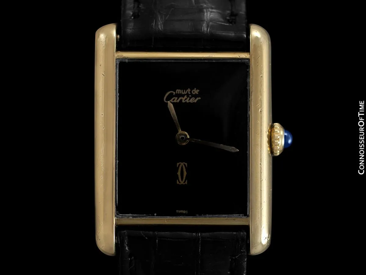 Cartier Vintage Mens Tank Watch with Black Dial - Gold Vermeil, 18K Gold over Sterling Silver
