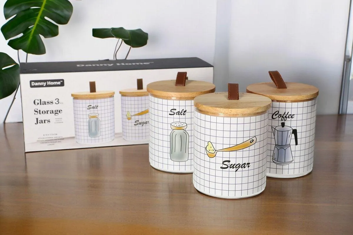 Cheery Label Glass Storage Jars with Wooden Lids (Set of 3)
