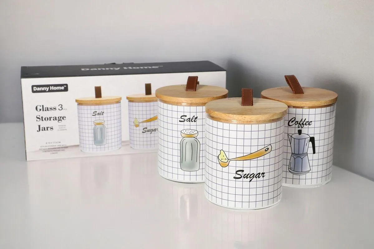 Cheery Label Glass Storage Jars with Wooden Lids (Set of 3)