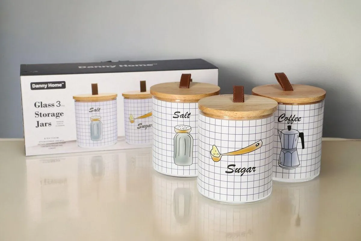 Cheery Label Glass Storage Jars with Wooden Lids (Set of 3)