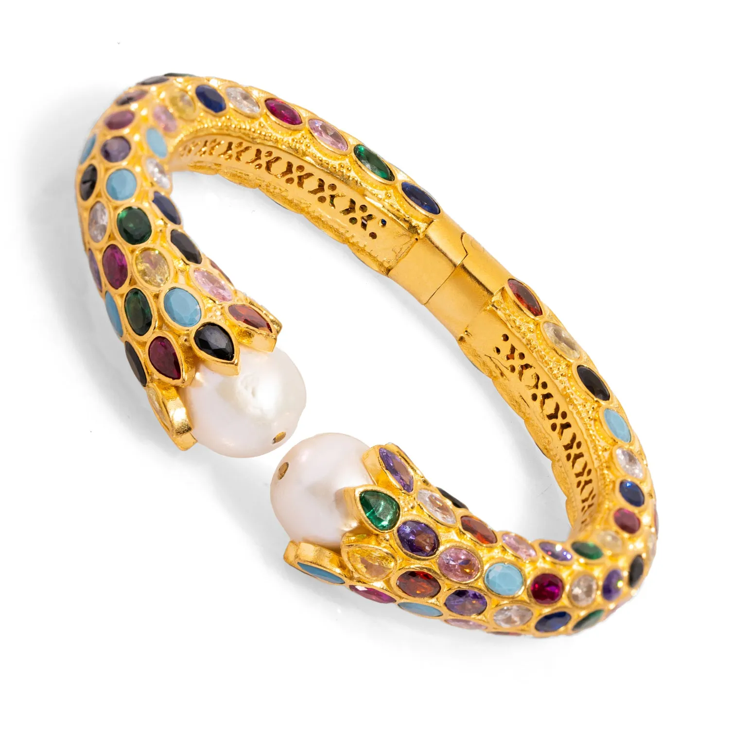 Cleopatra Multi Gemstone & Pearl Gold Chunky Cuff Bracelet