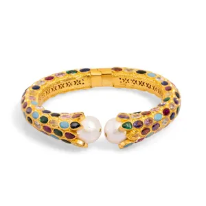 Cleopatra Multi Gemstone & Pearl Gold Chunky Cuff Bracelet