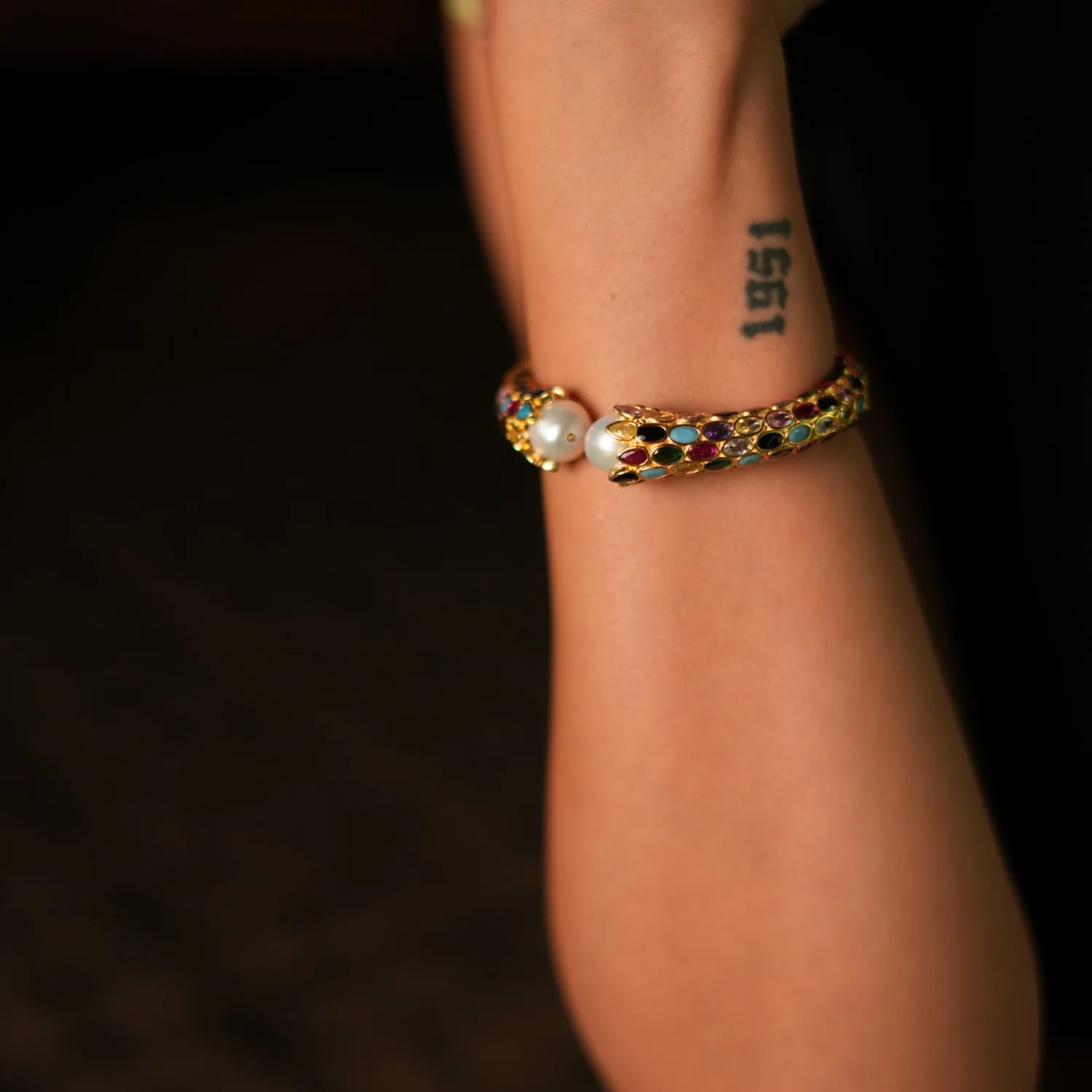 Cleopatra Multi Gemstone & Pearl Gold Chunky Cuff Bracelet