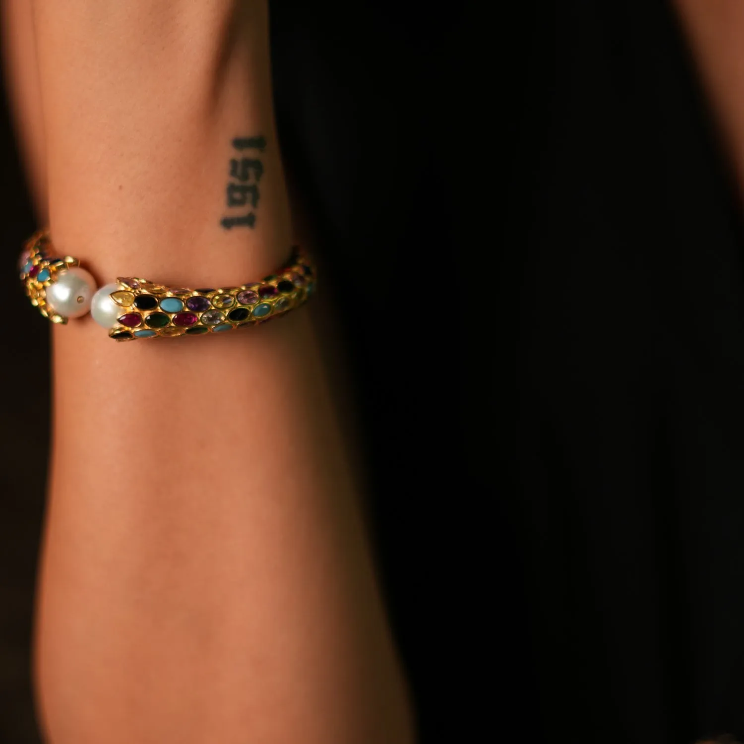 Cleopatra Multi Gemstone & Pearl Gold Chunky Cuff Bracelet