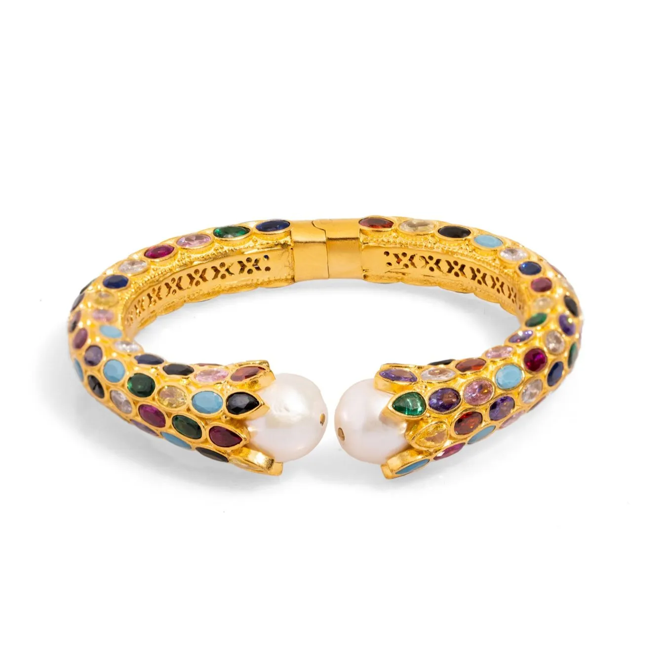 Cleopatra Multi Gemstone & Pearl Gold Chunky Cuff Bracelet