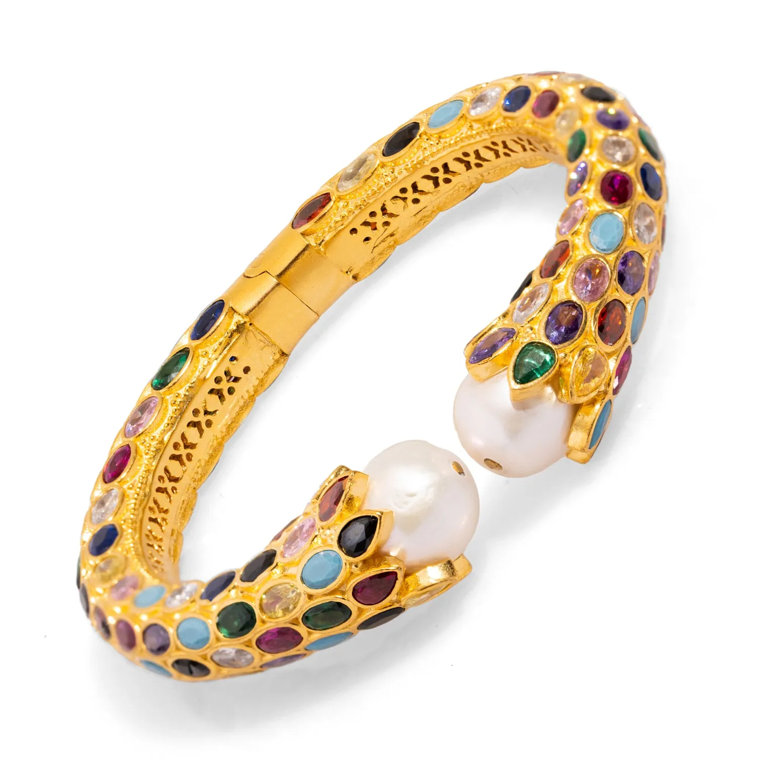Cleopatra Multi Gemstone & Pearl Gold Chunky Cuff Bracelet