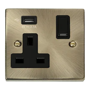 Click Deco VPAB771UBK Victorian 13A 1G Switched Socket   1x2.1A USB - Antique Brass (Black)