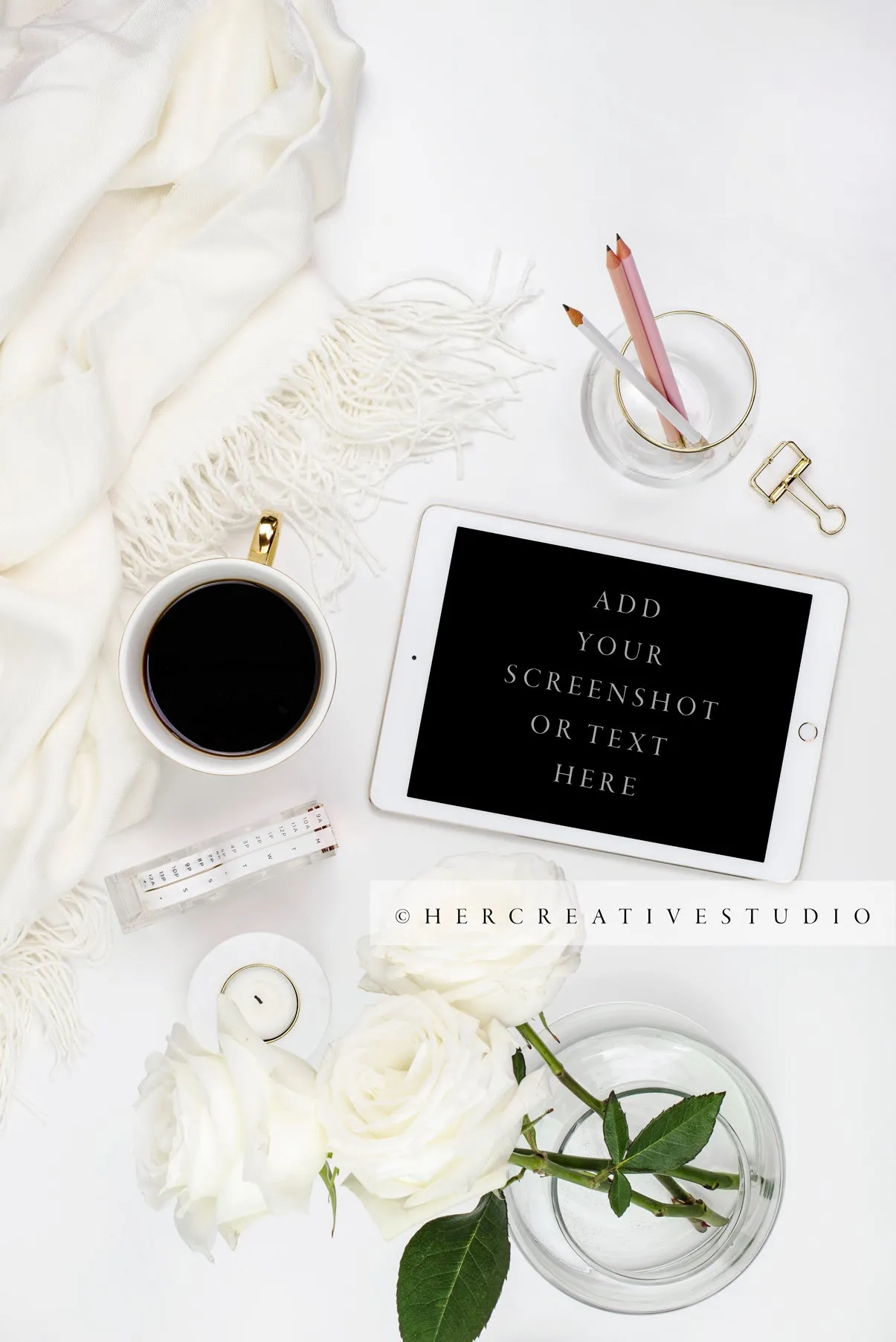 Coffee, Tablet and Roses Flatlay