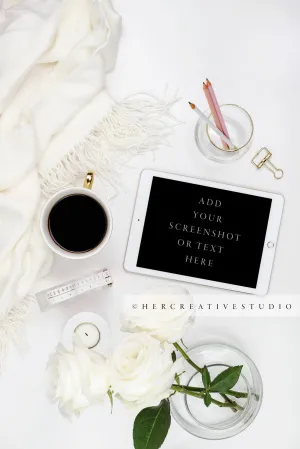 Coffee, Tablet and Roses Flatlay