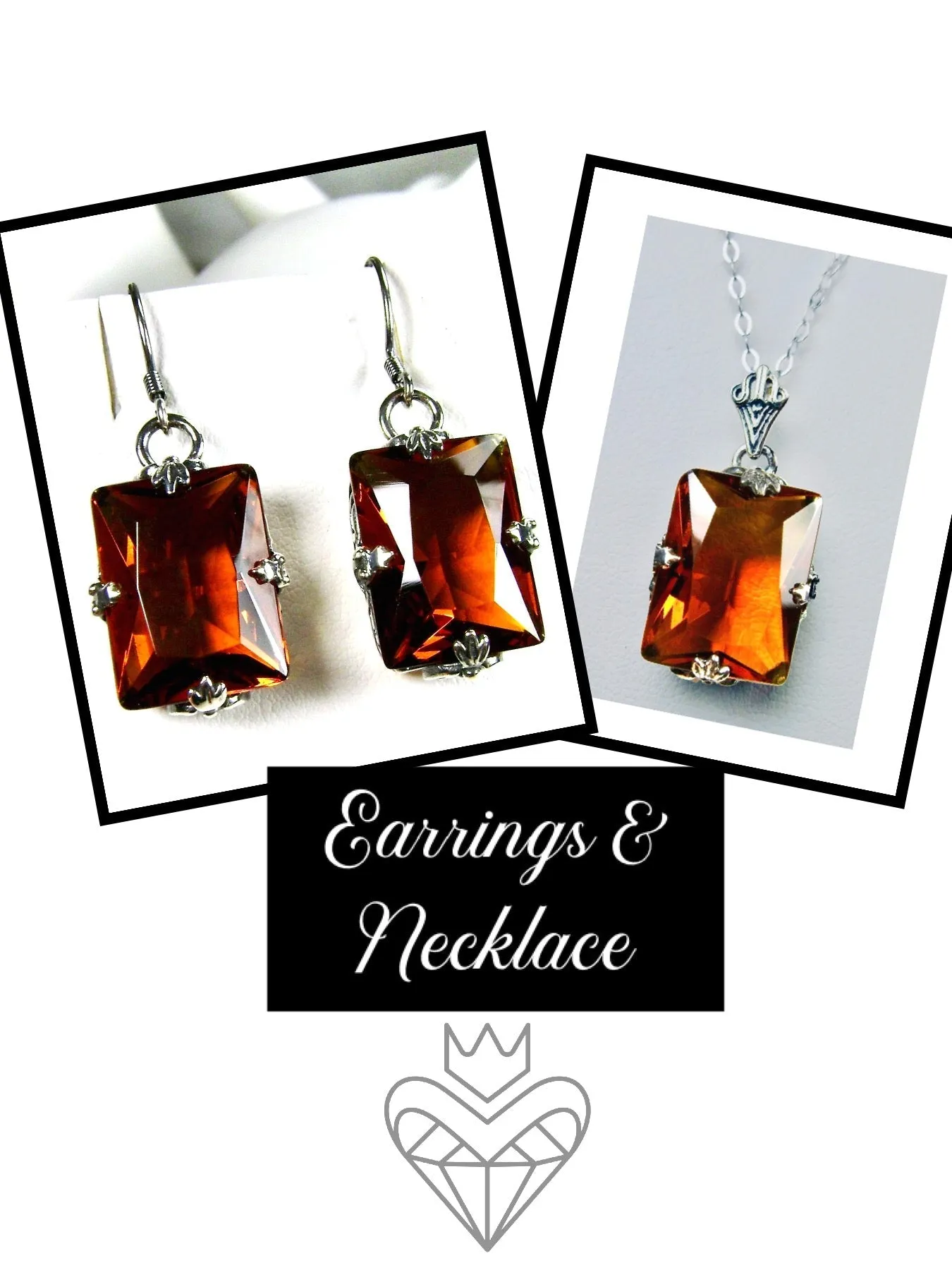 Cognac Citrine Jewelry Set, Rectangle Art Deco Set includes Earrings & Pendant #S15