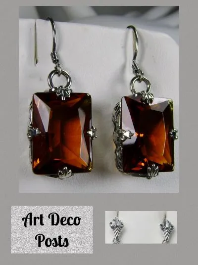 Cognac Citrine Jewelry Set, Rectangle Art Deco Set includes Earrings & Pendant #S15