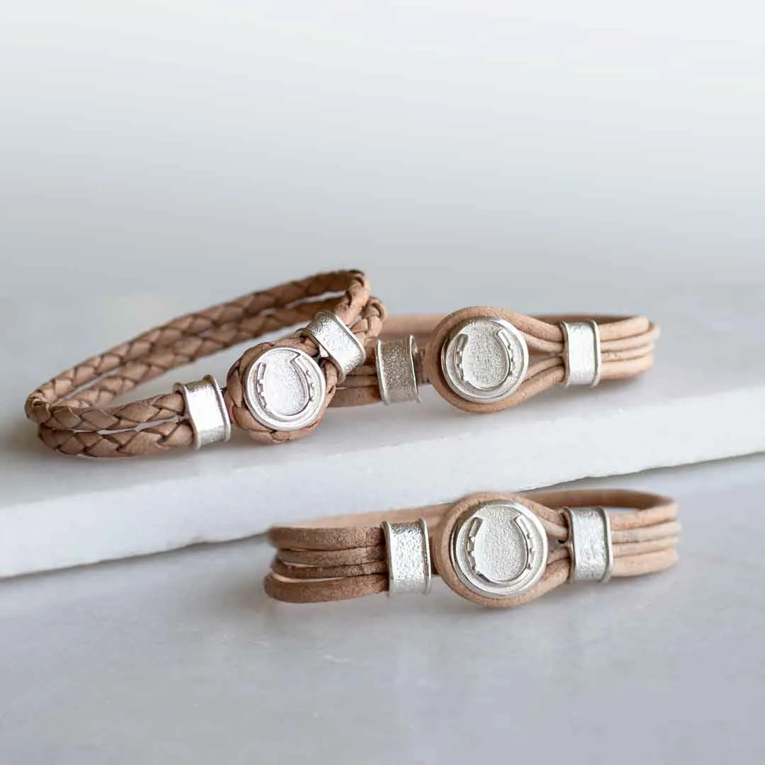 Colton - Horseshoe Dome Lock Leather Strap and Sterling Silver Natural Brown Bracelet