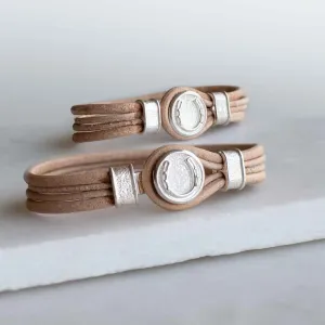 Colton - Horseshoe Dome Lock Leather Strap and Sterling Silver Natural Brown Bracelet
