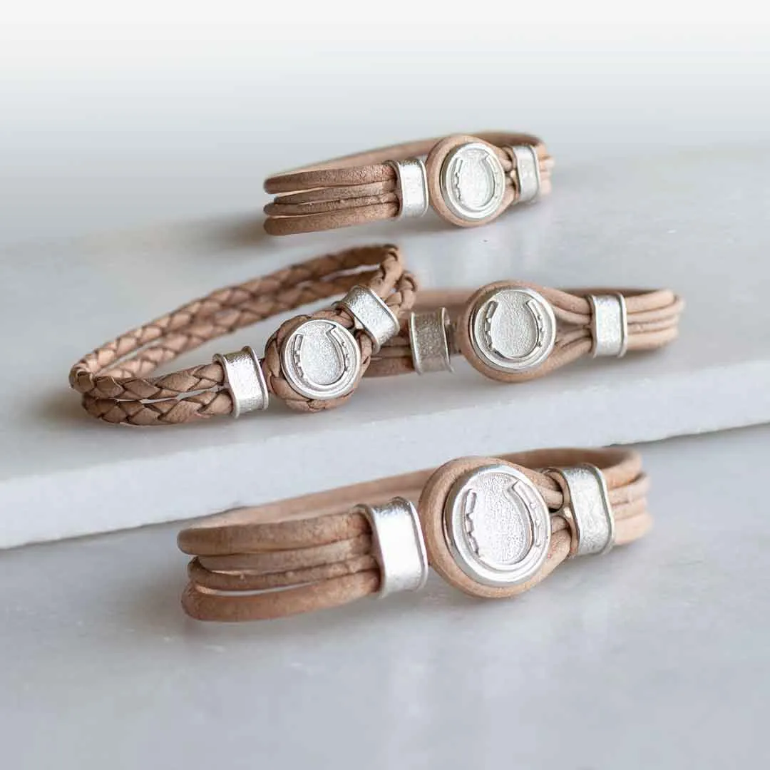 Colton - Horseshoe Dome Lock Leather Strap and Sterling Silver Natural Brown Bracelet