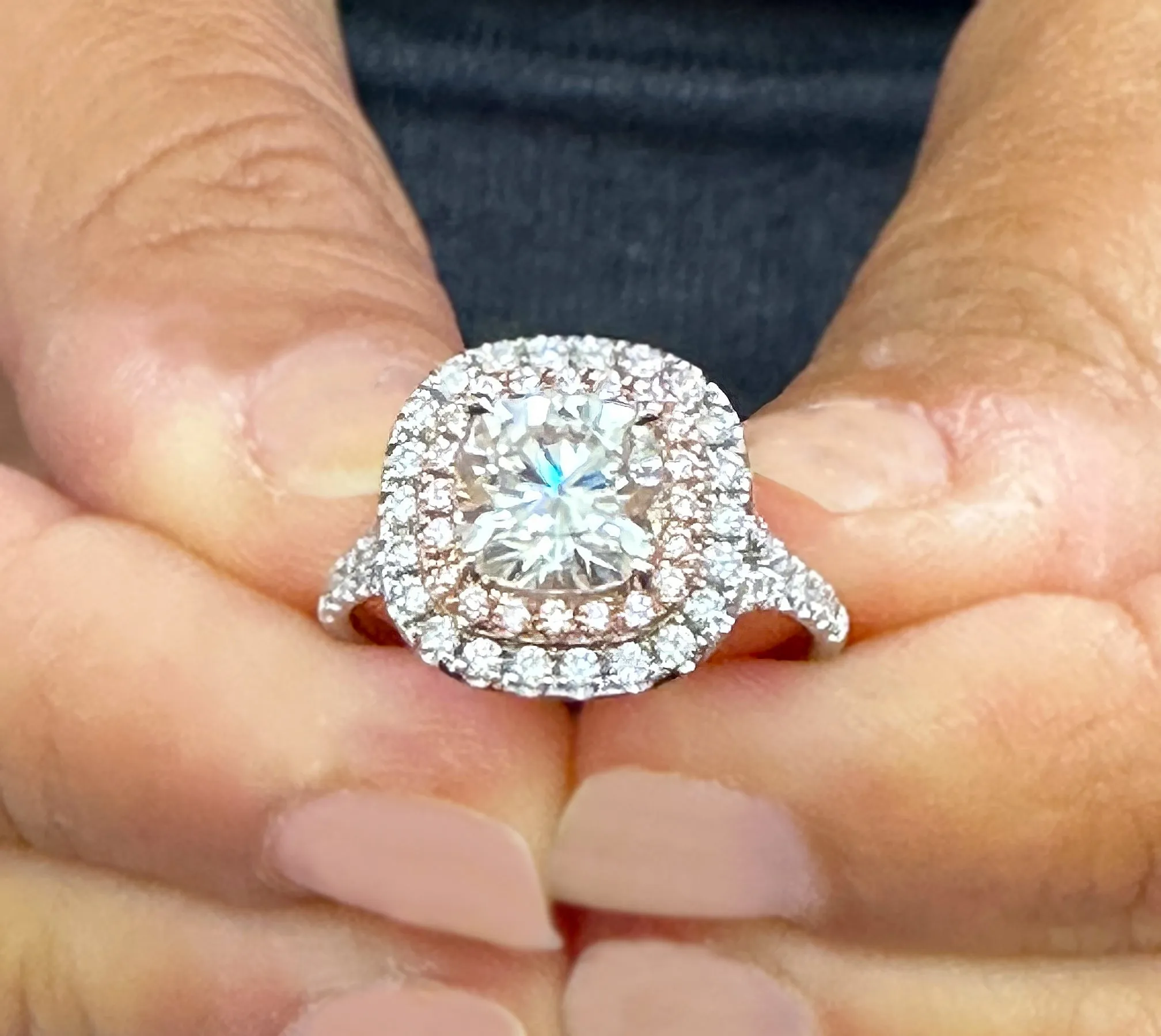 Cushion Cut Moissanite And Round Cut Sides Engagement Ring Double Halo Split Shank Style 14k Solid White And Rose Gold Wedding Ring 3.00ctw