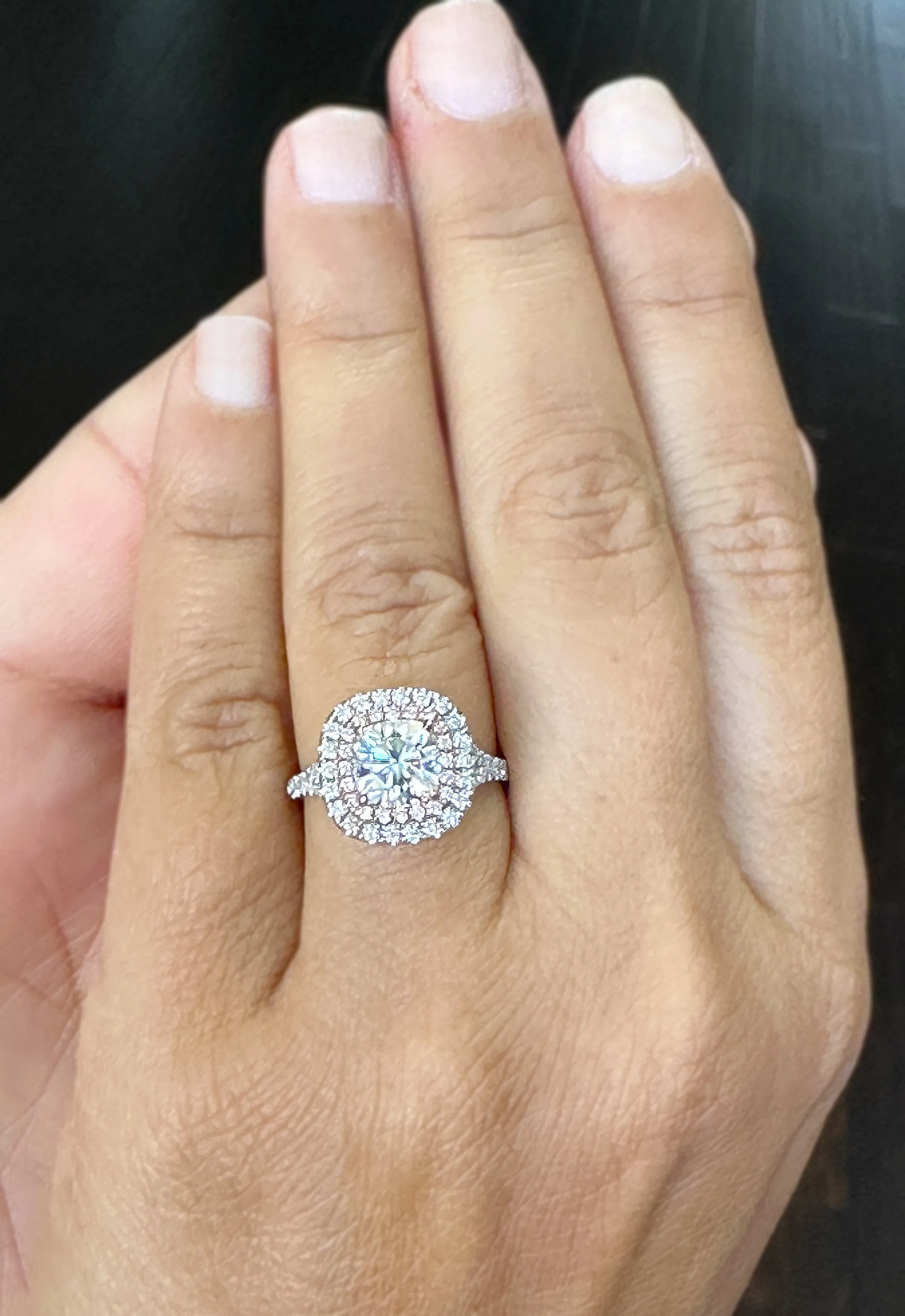Cushion Cut Moissanite And Round Cut Sides Engagement Ring Double Halo Split Shank Style 14k Solid White And Rose Gold Wedding Ring 3.00ctw