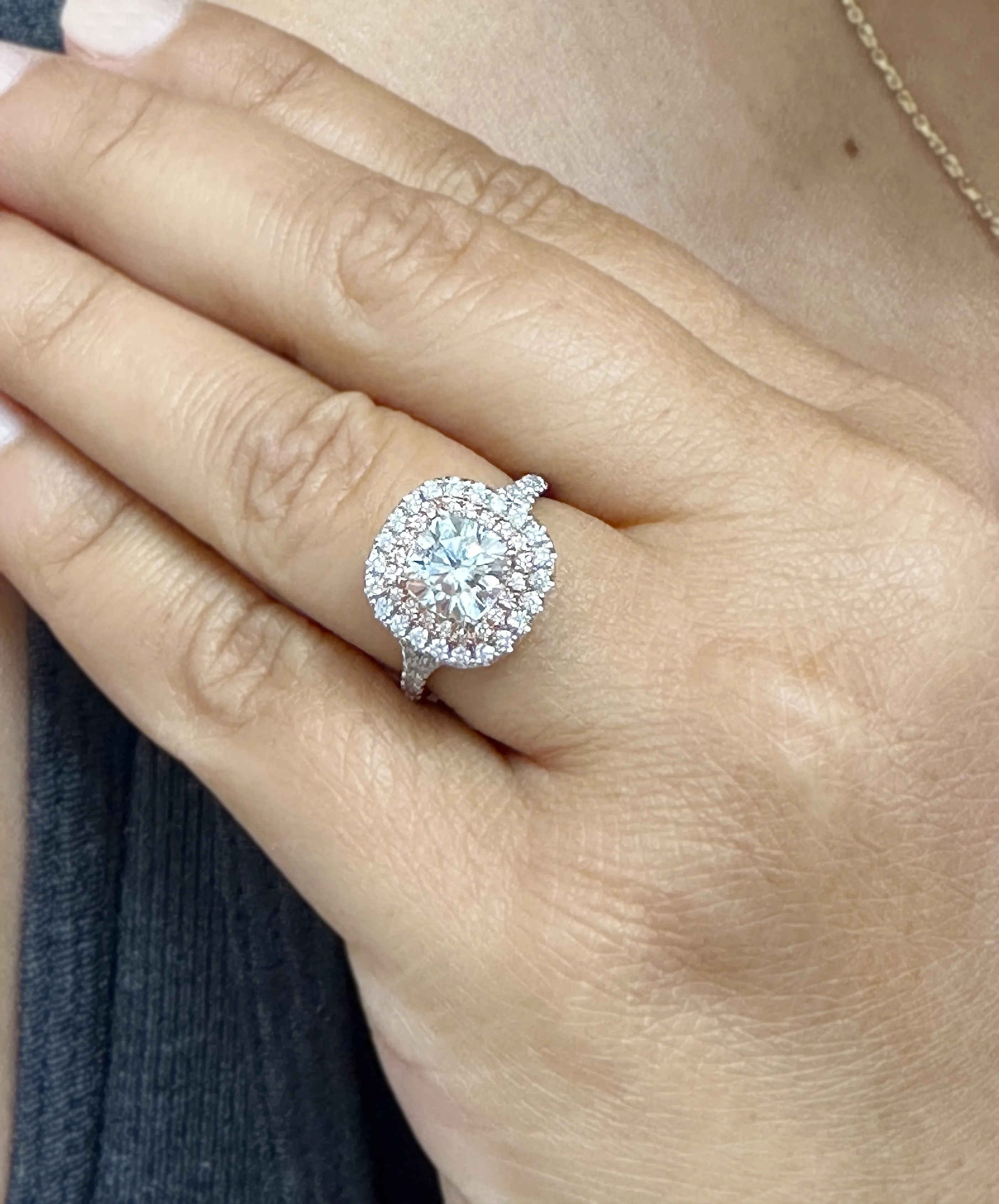 Cushion Cut Moissanite And Round Cut Sides Engagement Ring Double Halo Split Shank Style 14k Solid White And Rose Gold Wedding Ring 3.00ctw